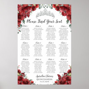Poster Plan de table Quinceañera Fleurs Rouges Argent Mis
