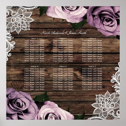 Poster Plan de table rustique en bois avec roses mauves p (Devant)