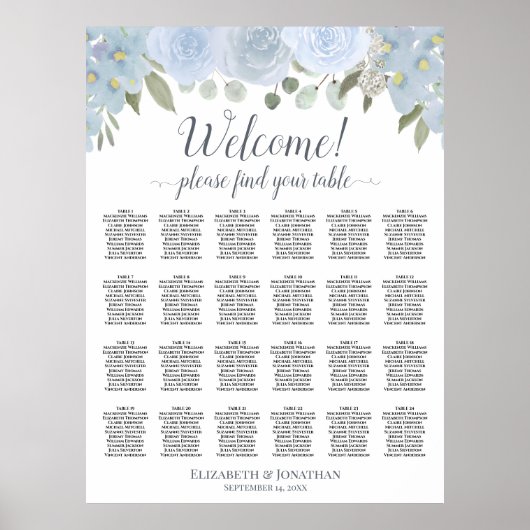 Poster Plan de table Rustique Fleurs Bleu Poussiéreux 24 (Devant)