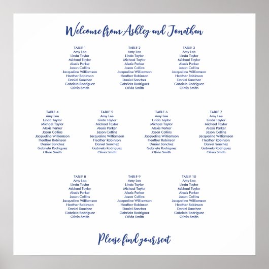 Poster Plan de table simple 10 Dark Blue (Devant)