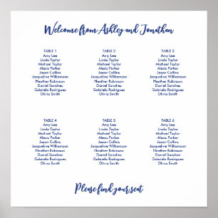 Poster Plan de table simple 6 tables bleu foncé