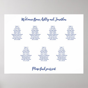 Poster Plan de table simple 7 tables bleu foncé