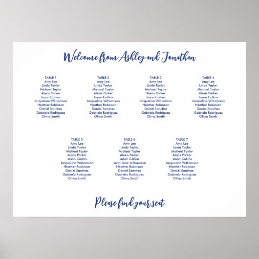 Poster Plan de table simple 7 tables bleu foncé (Devant)