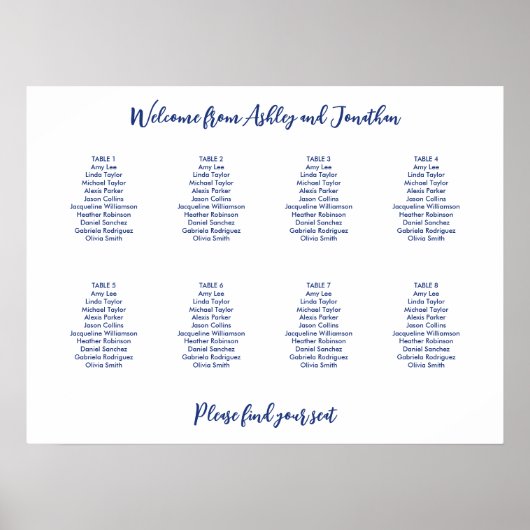 Poster Plan de table simple 8 tables bleu foncé (Devant)