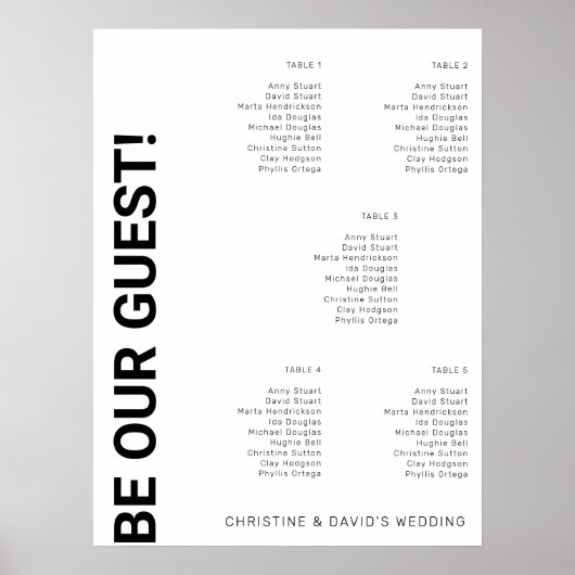 Poster Plan de table Simple Blanc Mariage 5 tables (Devant)