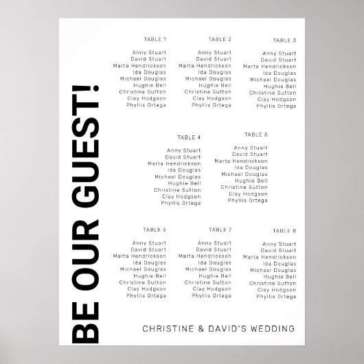 Poster Plan de table Simple Blanc Mariage pour 8 tables (Devant)
