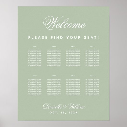 Poster Plan de table simple mariage vert sauge 8 tables (Devant)
