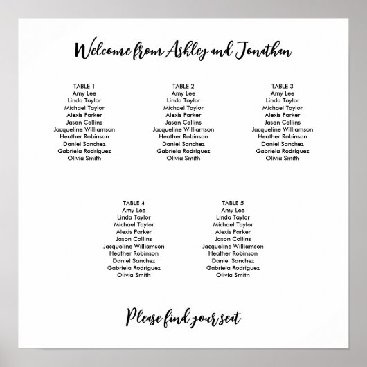 Poster Plan de table simple moderne pour 5 tables (Devant)