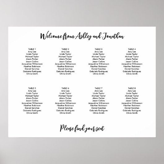 Poster Plan de table simple moderne pour 8 tables (Devant)