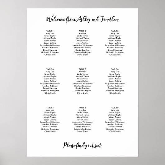 Poster Plan de table simple moderne pour 9 tables (Devant)