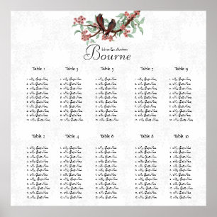 Poster Plan de table vintage oiseaux Bourgogne rose 12 ta