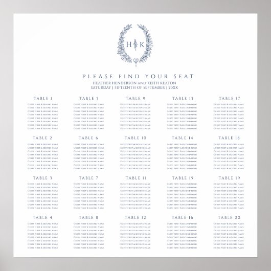 Poster Plan de tables de mariage ovale bleu foncé blanc 2 (Devant)