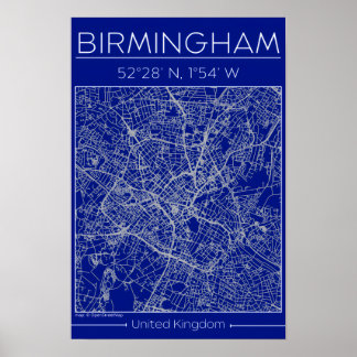 Poster Plan de ville de Birmingham Blueprint Minimal Wall