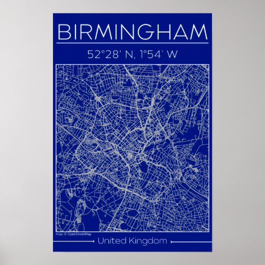 Poster Plan de ville de Birmingham Blueprint Minimal Wall (Devant)