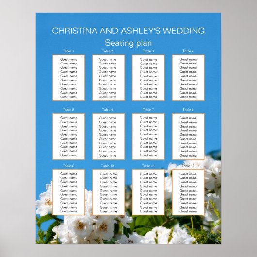 Poster Plan des sièges mariages à fleurs de rose blanche (Devant)