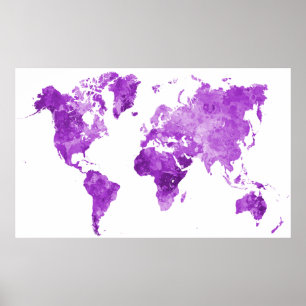 Poster Plan du monde en aquarelle 08 Violet