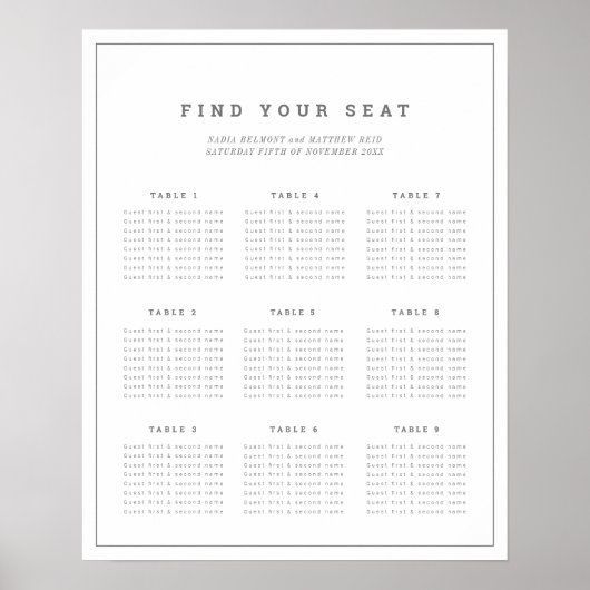 Poster Plan minimaliste de la carte de sièges mariages gr (Devant)