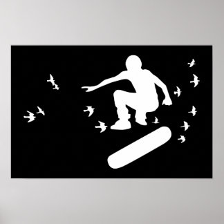 Poster planche à roulettes avec oiseaux
