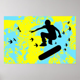 Poster planche à roulettes avec oiseaux