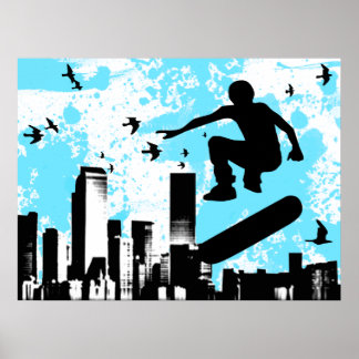 Poster planche à roulettes avec oiseaux