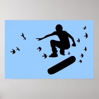 Poster planche à roulettes avec oiseaux