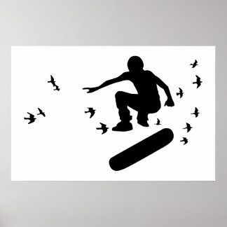 Poster planche à roulettes avec oiseaux