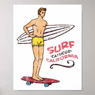 Poster Planche de surf rétro vintage Cayucos Surf 60s 70s