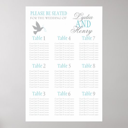 Poster Planche gris aqua bleu mariage plan de table assis (Devant)