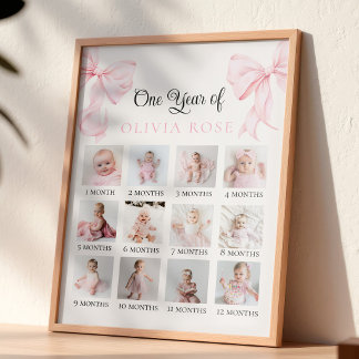 Poster Planche photo mensuelle à ruban rose pour annivers