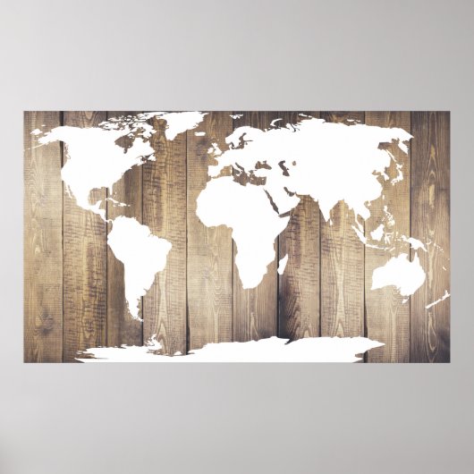 Poster Planches de bois rustiques Carte du monde blanche (Devant)