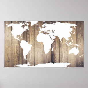 Poster Planches en bois rustique Carte du monde blanc