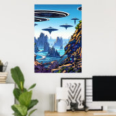 Poster planète Alien, machine volante alien | AI Art Post (Bureau à domicile)