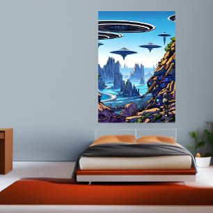 Poster planète Alien, machine volante alien AI Art Post