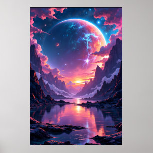 Poster Planète fantastique s'élevant au-dessus des montag