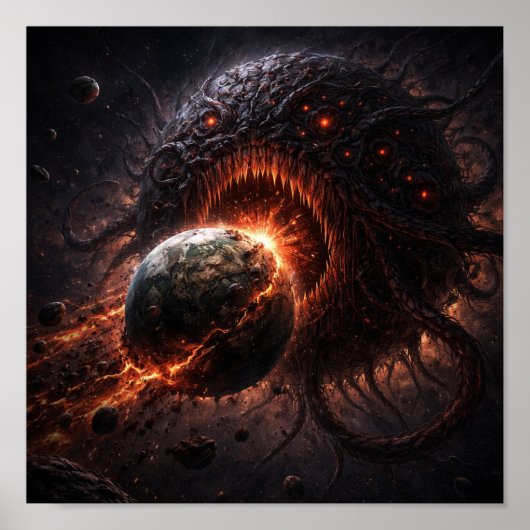 Poster Planète monstrueuse mangeant un monde condamné (Devant)