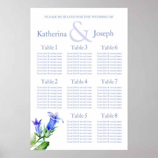 Poster Planificateur de table de mariage bleu 1-8 (Devant)