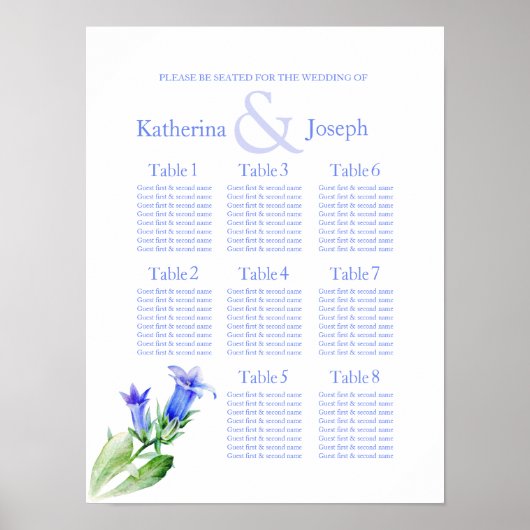 Poster Planificateur de table de mariage bleu 1-8 (Devant)