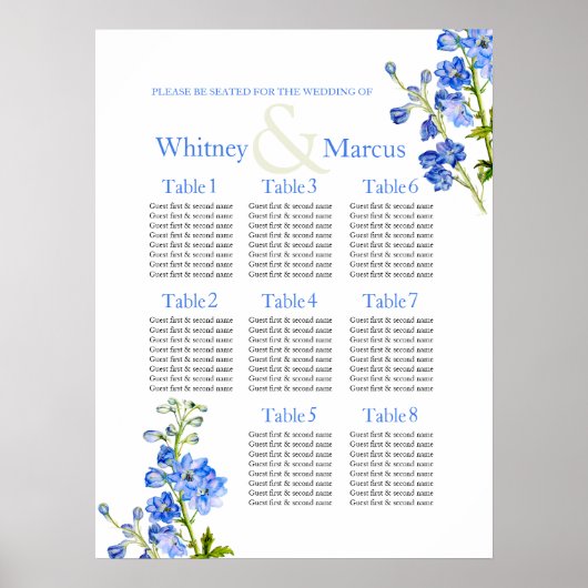 Poster Planificateur de table de mariage bleu Delphinium (Devant)