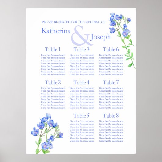 Poster Planificateur de table de mariage bleu Speedwell 1 (Devant)
