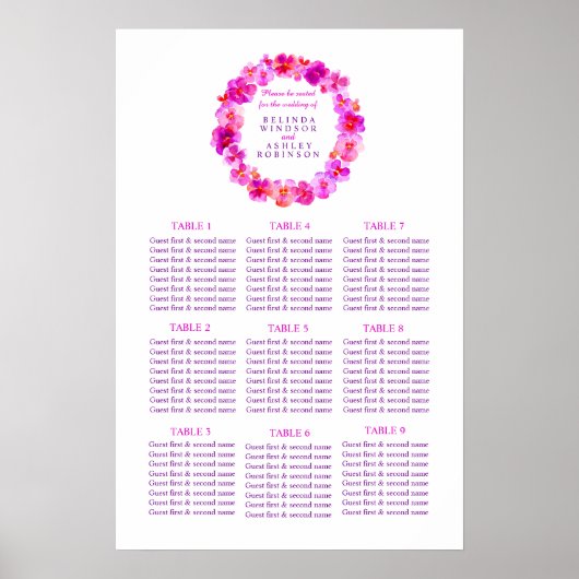 Poster Planificateur de table de mariage rose 1-9 tables (Devant)