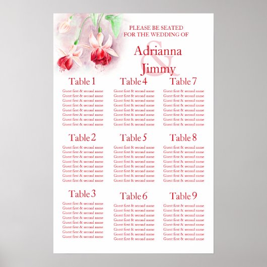 Poster Planificateur de table de mariage rose fuchsia rou (Devant)