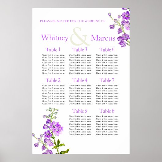 Poster Planificateur de table de mariage violet Delphiniu (Devant)