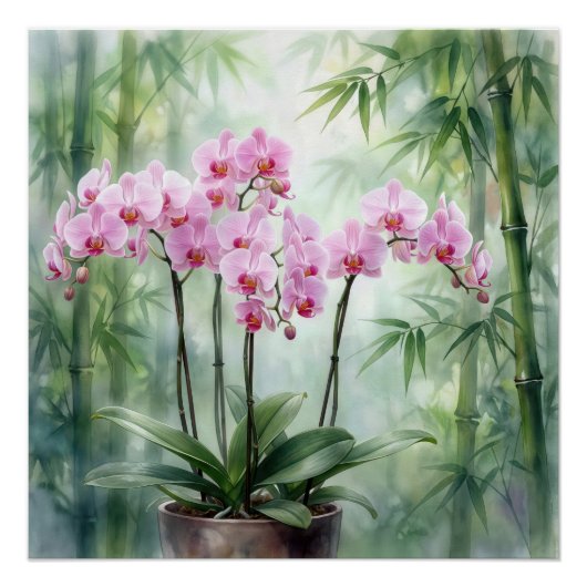 Poster Plante d'orchidée rose sur fond de bambou (Devant)