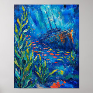 Poster plantes océaniques navire englouti peinture abstra