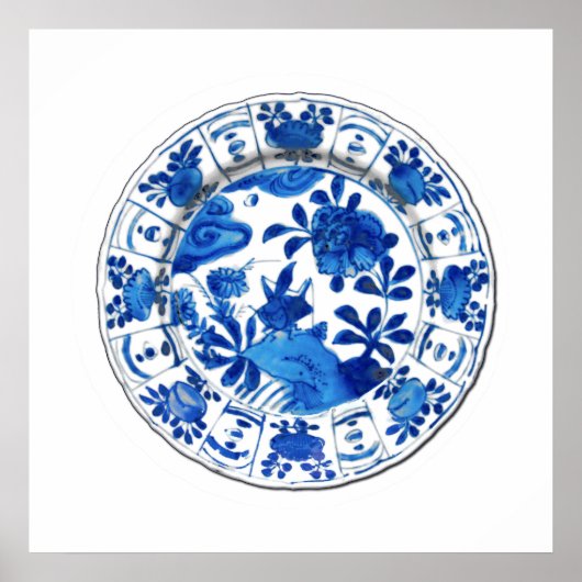 Poster Plaque chinoise antique, Peonies bleues (Devant)