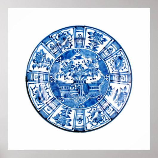 Poster Plaque chinoise antique, Vase à fleurs bleues (Devant)