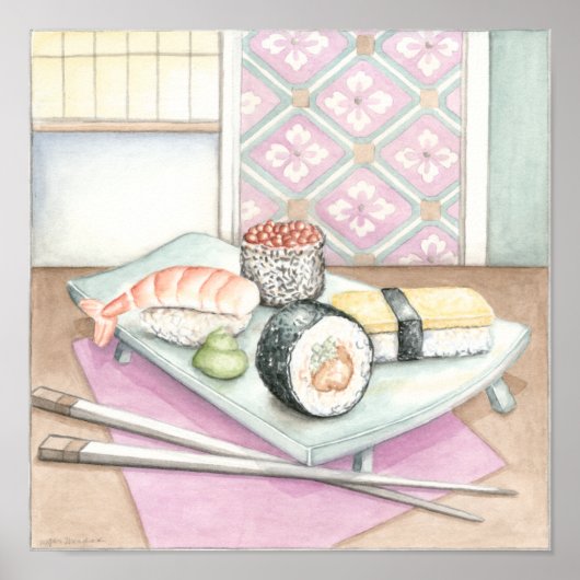 Poster Plaque de sushi assorté avec baguettes (Devant)