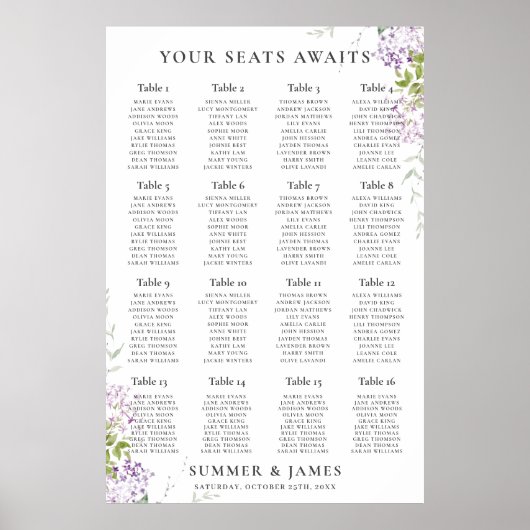 Poster Plat de Mariage floral pourpre souple Lilac (Devant)