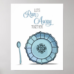 Poster Plat et cuillère Courez ensemble Cuisine bleue