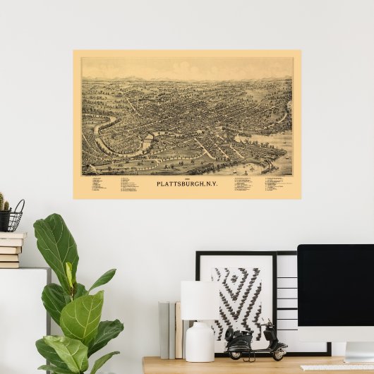 Poster Plattsburgh, NY Carte panoramique - 1899 (Bureau à domicile)